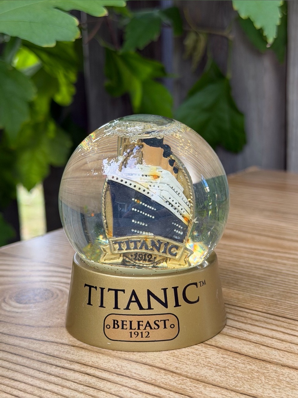 Titanic Belfast 1912 Ship Water Glitter Globe Water Ball Gold Base 3 1/4”